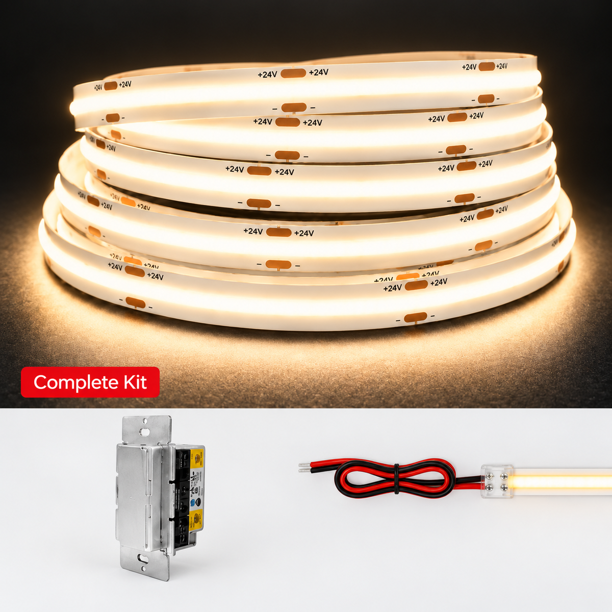 A coiled warm white LED light strip shown illuminated, with a small metal power module and a red-black wire accessory below on a white background. A red label reads 'Complete Kit'.