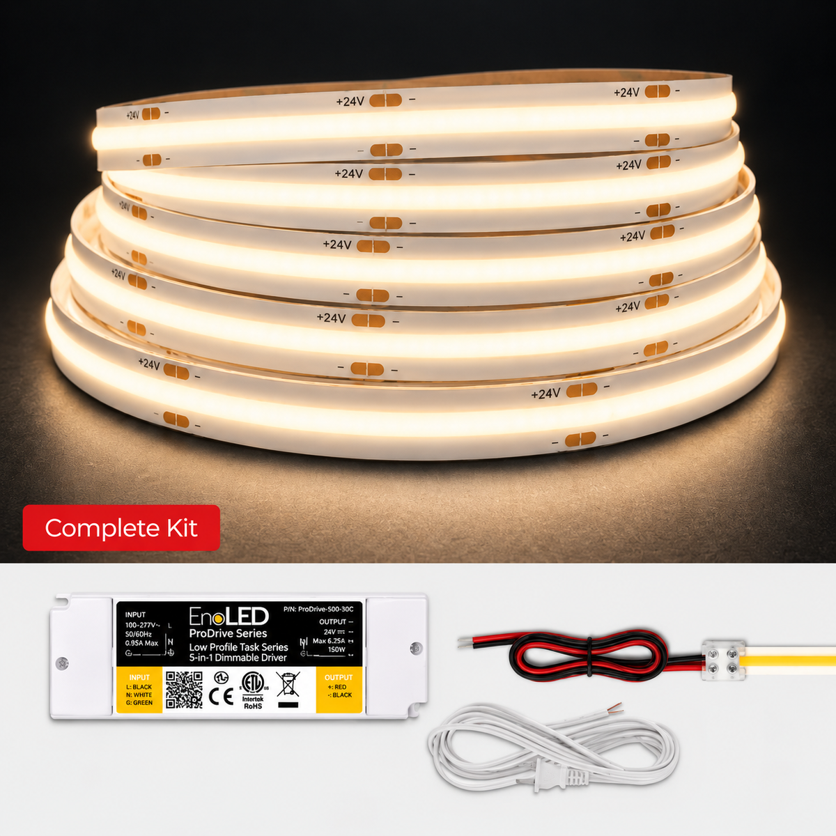 A coiled warm white LED strip light shown illuminated on a dark background, with a product kit inset below including a rectangular power supply, wiring harness, and power cord. Text on the image reads 'Complete Kit' and the power supply label shows Enel LED.
