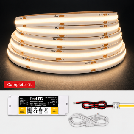 A coiled warm white LED strip light shown illuminated on a dark background, with a product kit inset below including a rectangular power supply, wiring harness, and power cord. Text on the image reads 'Complete Kit' and the power supply label shows Enel LED.