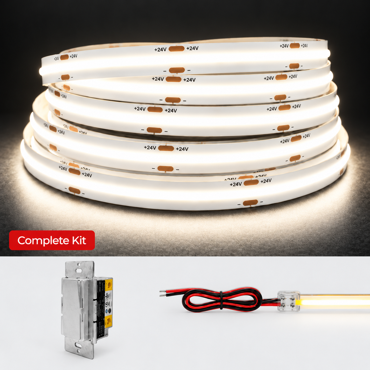 A coiled white LED light strip shown on a dark background, with a red label reading 'Complete Kit' and two smaller product components below: a metal switch module and a red-and-black wire lead with a clear connector. The main product appears to be a lighting kit rather than packaging alone.