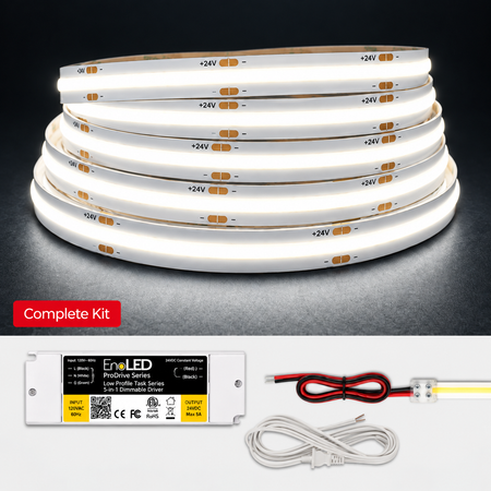 A stack of illuminated white LED tape lights on a dark reflective surface, with a red 'Complete Kit' label and a bottom panel showing the included Enode LED ProDrive Series power supply, cable, and connector against a white background.