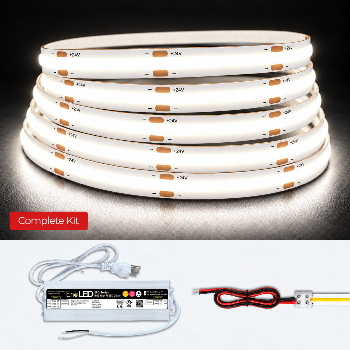 An LED light strip bundle labeled 'Complete Kit' showing several coiled white LED strips on a dark reflective surface, plus a power supply, cable, and connector hardware below on a white background.