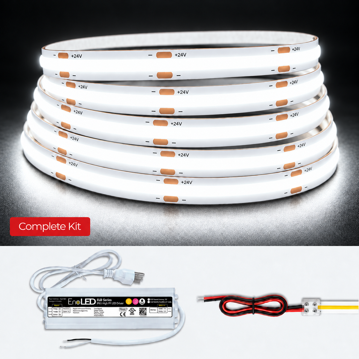 A stack of white flexible LED light strips with orange contact pads, shown above a complete kit containing a white power supply, a white cable, and red/black wire leads on a light gray background.