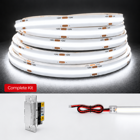 A coiled white LED light strip shown on a dark reflective background, with a red label reading 'Complete Kit' and two smaller product detail shots below: a metal terminal piece and a section of the strip with red and black wires.