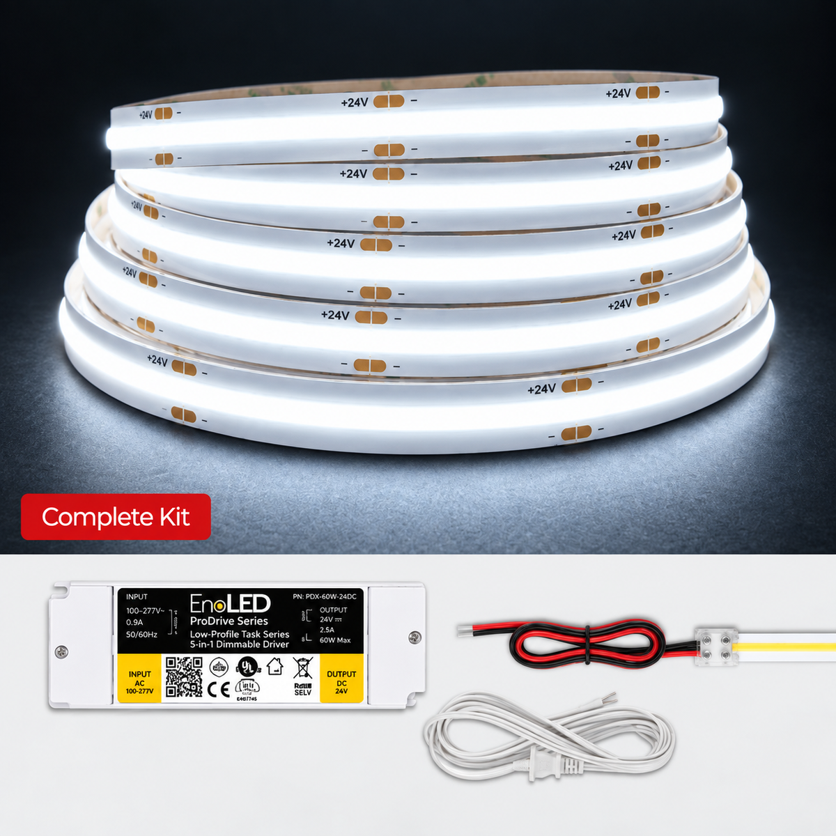 An EngLED 12V 3000K low profile tape LED light strip shown coiled in a stack, with its complete kit components including a white driver module, power cable, and connector wire displayed below on a dark background.