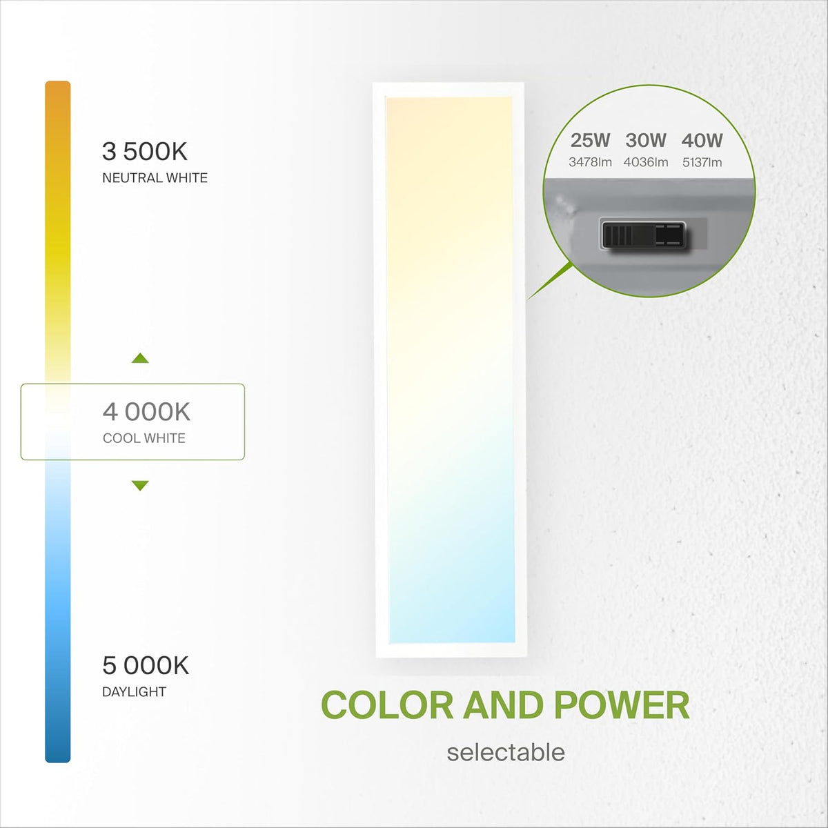 ASD flat panel light showing selectable color temperatures from warm to daylight white