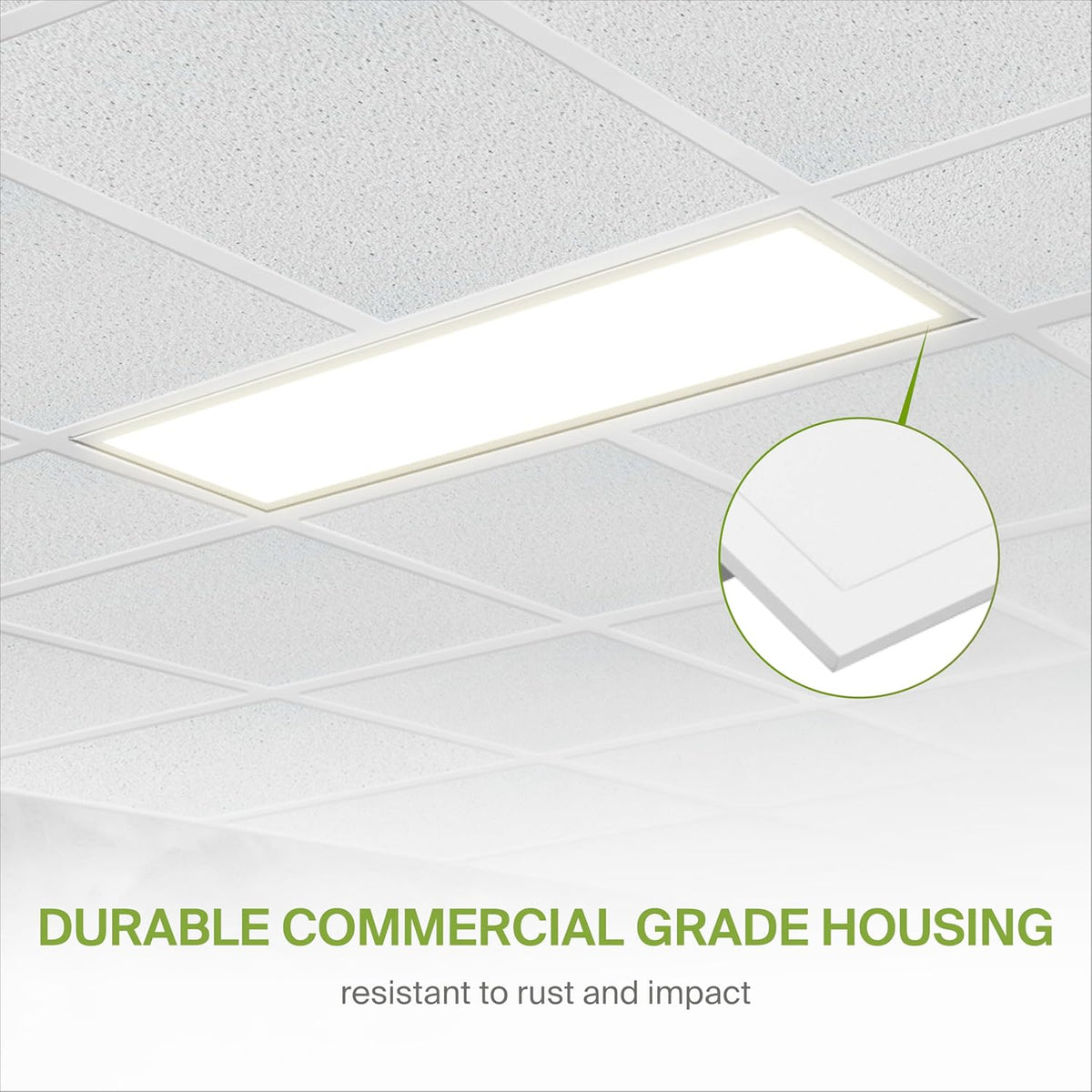 ASD LED flat panel light installed in commercial suspended ceiling application