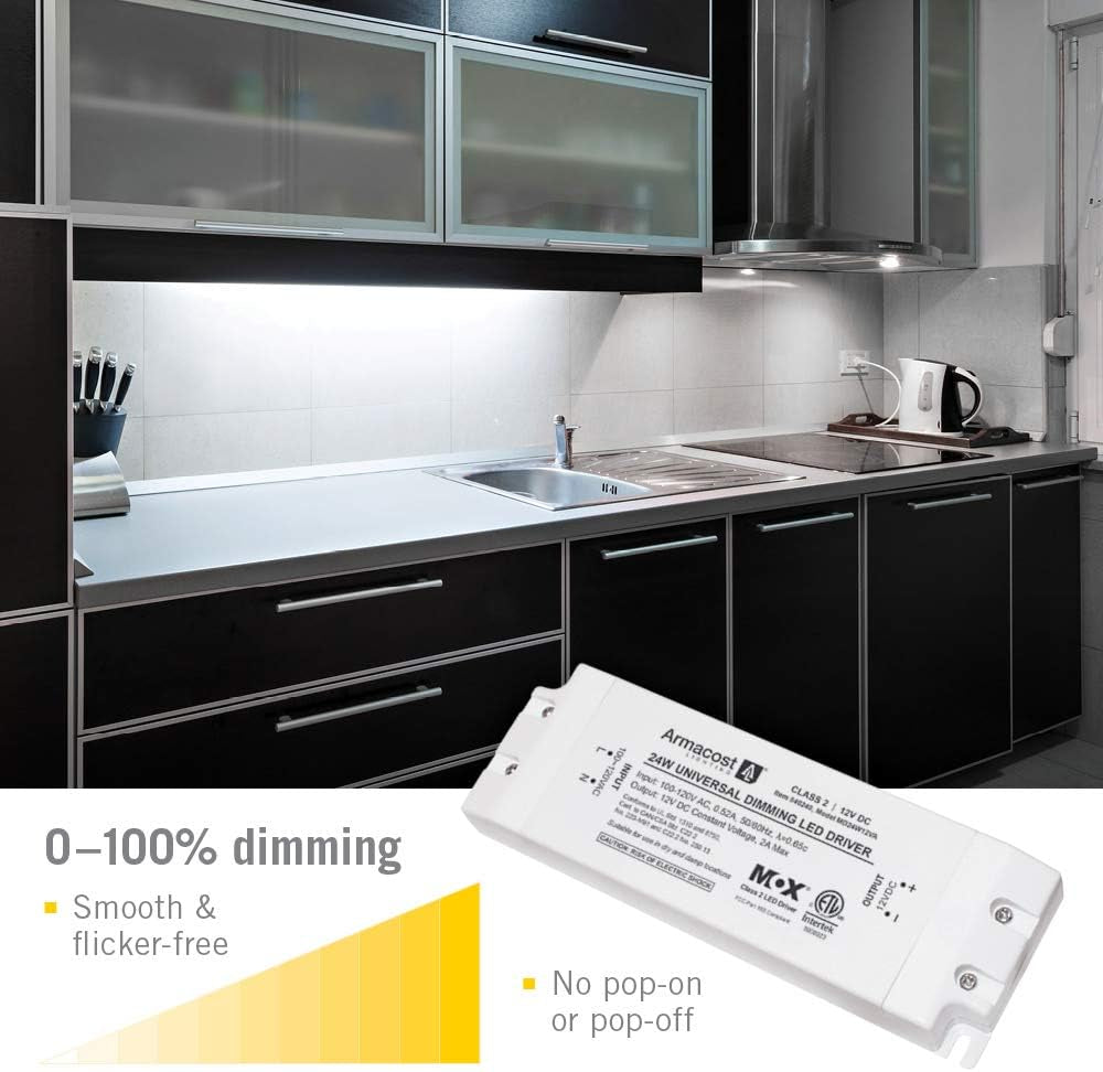 Armacost 12V TRIAC dimmable LED driver installed with LED strip lighting.