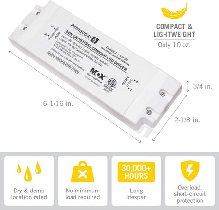 Key features of Armacost 12V TRIAC universal dimmable LED driver.