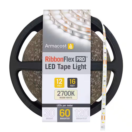 Armacost RibbonFlex Pro 12V 2700K Warm White LED Tape Light featuring a 16-foot reel and 60 LEDs per meter for warm white residential and commercial lighting applications.
