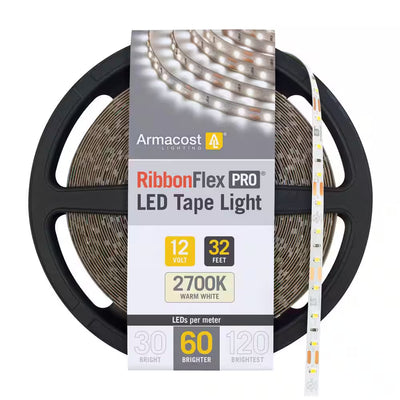 Armacost RibbonFlex Pro 12V 2700K Warm White LED Tape Light featuring a 32-foot reel and 60 LEDs per meter for warm white residential and commercial lighting applications.