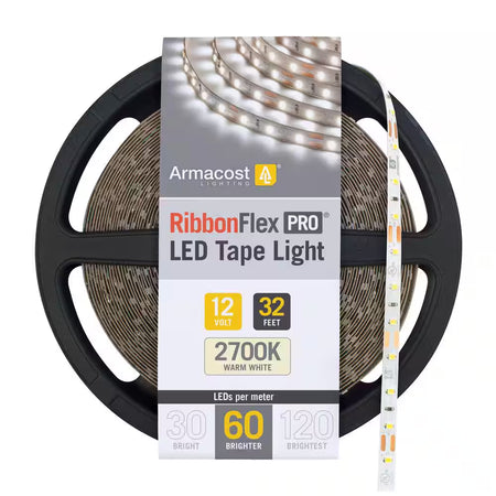 Armacost RibbonFlex Pro 12V 2700K Warm White LED Tape Light featuring a 32-foot reel and 60 LEDs per meter for warm white residential and commercial lighting applications.