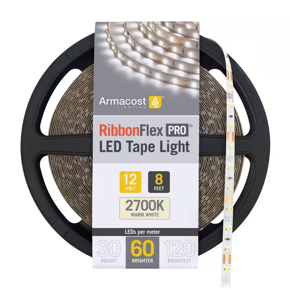 Armacost RibbonFlex Pro 12V 2700K Warm White LED Tape Light featuring an 8-foot reel and 60 LEDs per meter for warm white residential and commercial lighting applications.