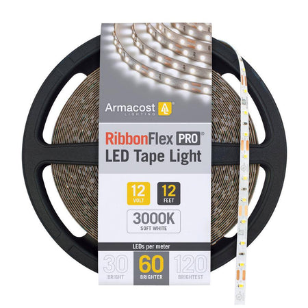 Armacost RibbonFlex Pro 12V 3000K Soft White LED Tape Light reel with 12-foot length and 60 LEDs per meter for soft white accent and task lighting.