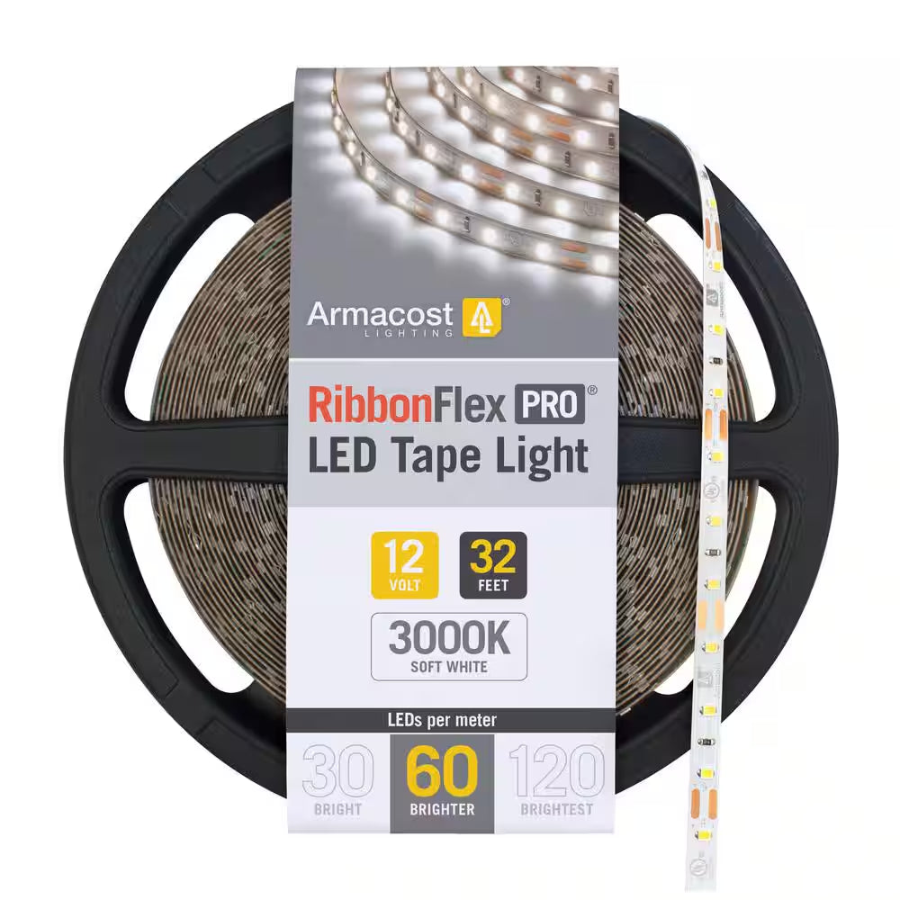 Armacost RibbonFlex Pro 12V 3000K Soft White LED Tape Light featuring a 32-foot reel and 60 LEDs per meter for warm, inviting residential and commercial lighting applications.
