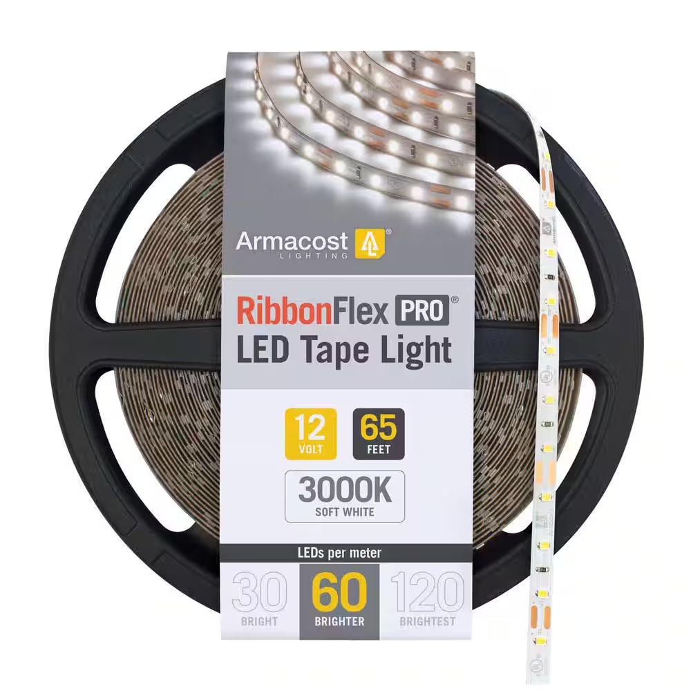 Armacost RibbonFlex Pro 12V 3000K Soft White LED Tape Light featuring a 65-foot reel and 60 LEDs per meter for warm, inviting residential and commercial lighting applications.