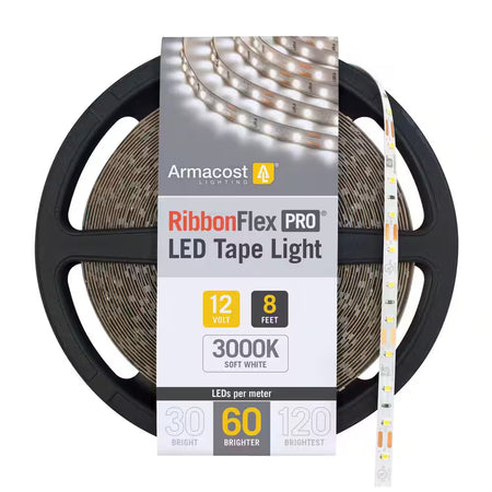 Armacost RibbonFlex Pro 12V 3000K Soft White LED Tape Light reel with 8-foot length and 60 LEDs per meter for soft white accent and task lighting.