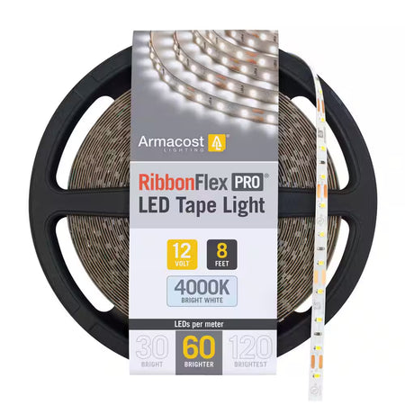 Armacost RibbonFlex Pro 12V 4000K Bright White LED Tape Light featuring an 8-foot reel and 60 LEDs per meter for clean, bright white residential and commercial lighting applications.