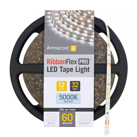 Armacost RibbonFlex Pro 12V 5000K Daylight LED Tape Light reel with 32-foot length and 60 LEDs per meter for bright daylight white illumination.