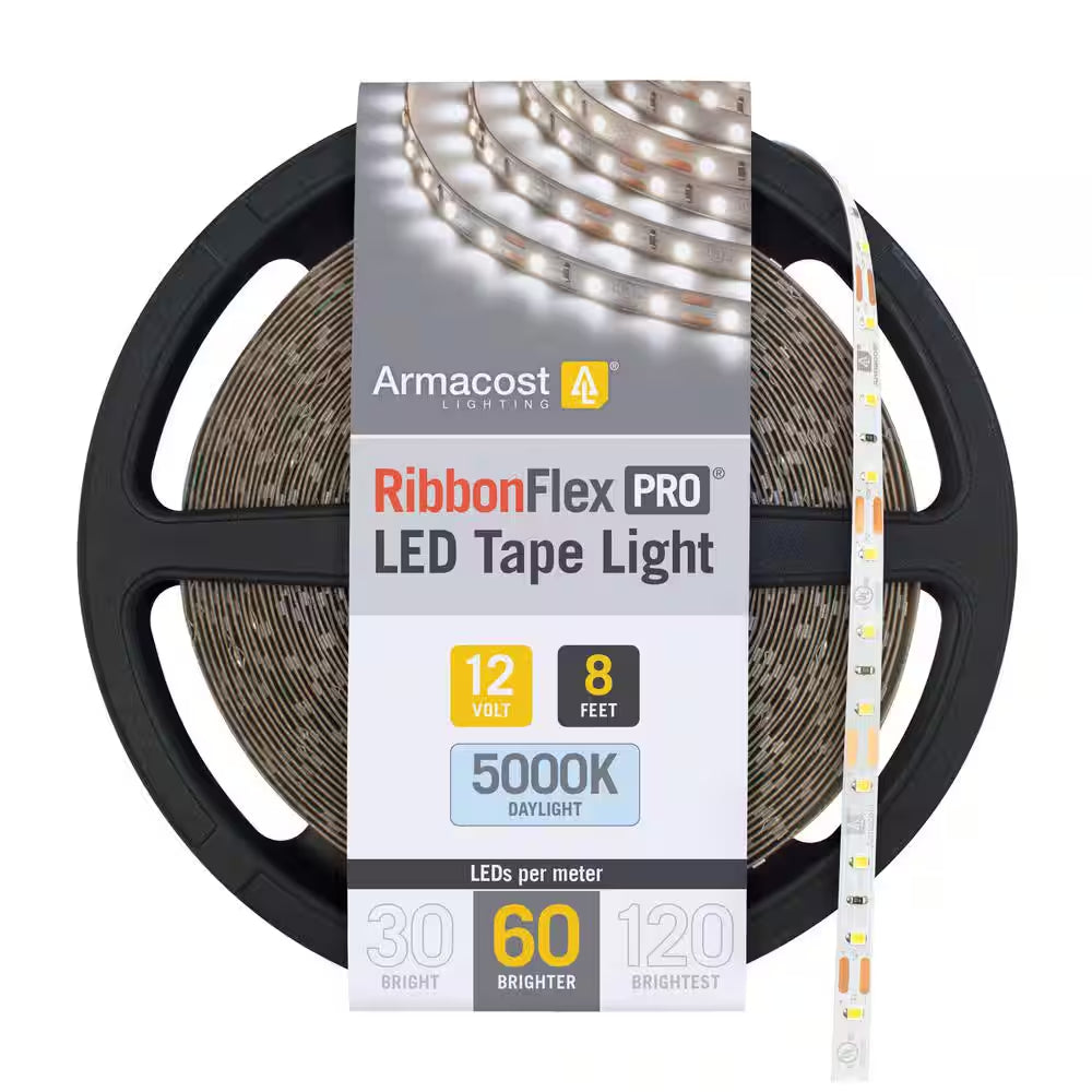 Armacost RibbonFlex Pro 12V 5000K Daylight LED Tape Light featuring an 8-foot reel and 60 LEDs per meter for crisp daylight white residential and commercial lighting applications.