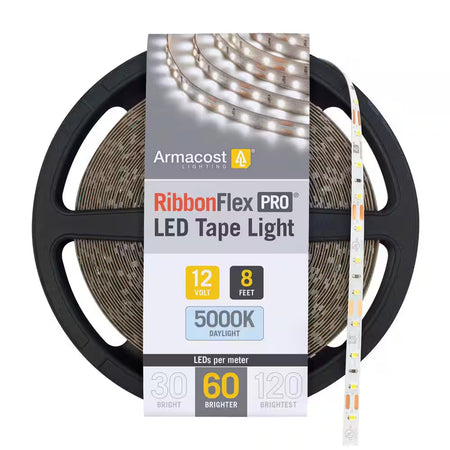 Armacost RibbonFlex Pro 12V 5000K Daylight LED Tape Light featuring an 8-foot reel and 60 LEDs per meter for crisp daylight white residential and commercial lighting applications.