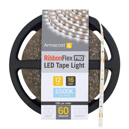 Armacost RibbonFlex Pro 12V 6500K Cool White LED Tape Light featuring a 16-foot reel and 60 LEDs per meter for crisp, energy-efficient residential and commercial lighting applications.