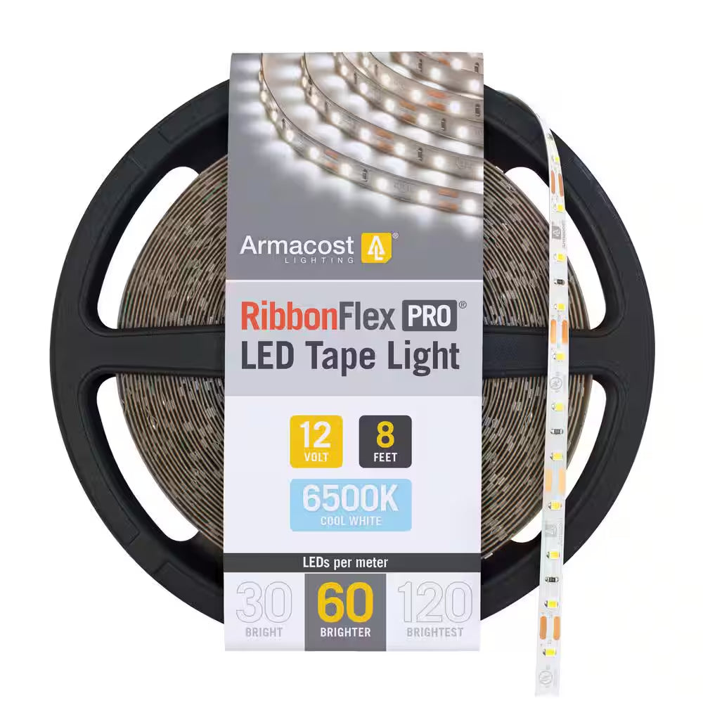 Armacost RibbonFlex Pro 12V 6500K Cool White LED Tape Light reel featuring 60 LEDs per meter and bright cool white illumination.