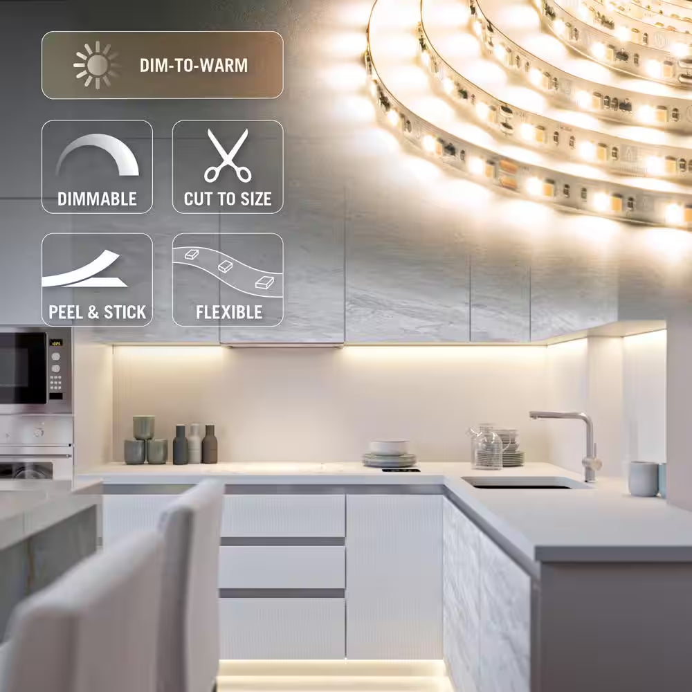 Armacost RibbonFlex Pro 24V White Dim-To-Warm LED Strip Light providing warm, dimmable under-cabinet lighting in a kitchen application.