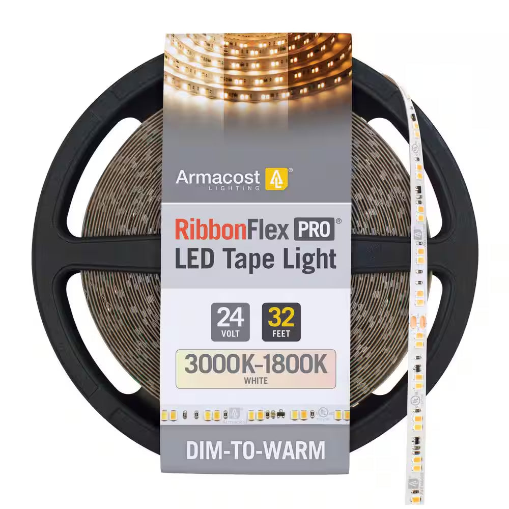 Armacost RibbonFlex Pro 24V White Dim-To-Warm LED Strip Light 32-foot reel with adjustable white color temperature from 3000K to 1800K.
