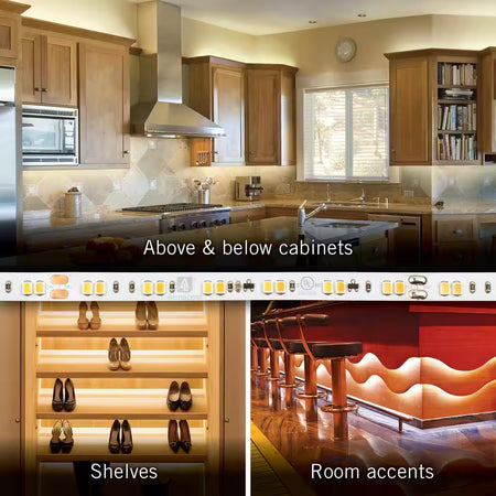 Armacost RibbonFlex Pro 24V White Dim-To-Warm LED Strip Light used for under-cabinet lighting, illuminated shelving, and decorative room accent lighting.