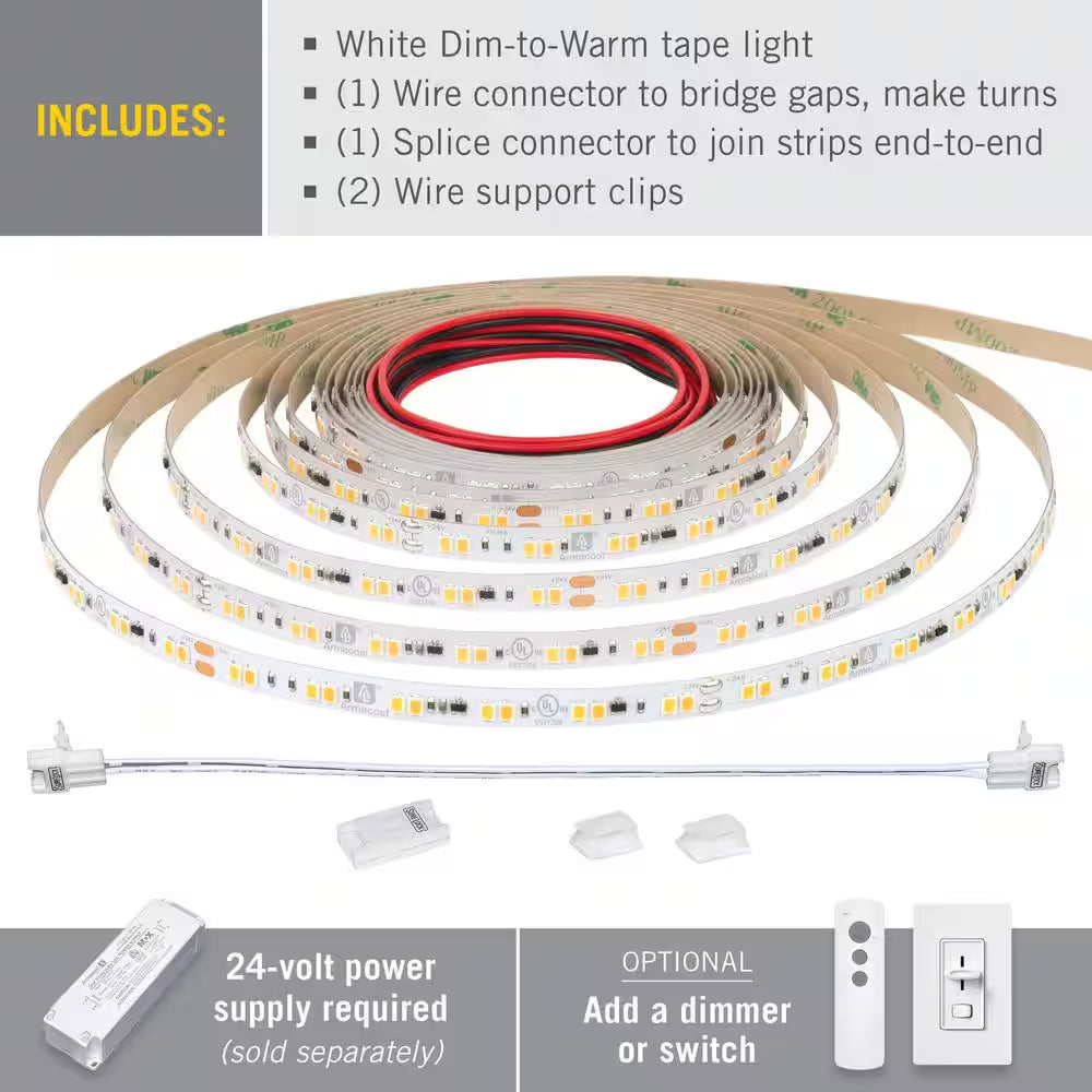 Armacost RibbonFlex Pro 24V White Dim-To-Warm LED Strip Light kit including LED tape light, wire connector, splice connector, and support clips.