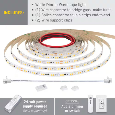 Armacost RibbonFlex Pro 24V White Dim-To-Warm LED Strip Light kit including LED tape light, wire connector, splice connector, and support clips.