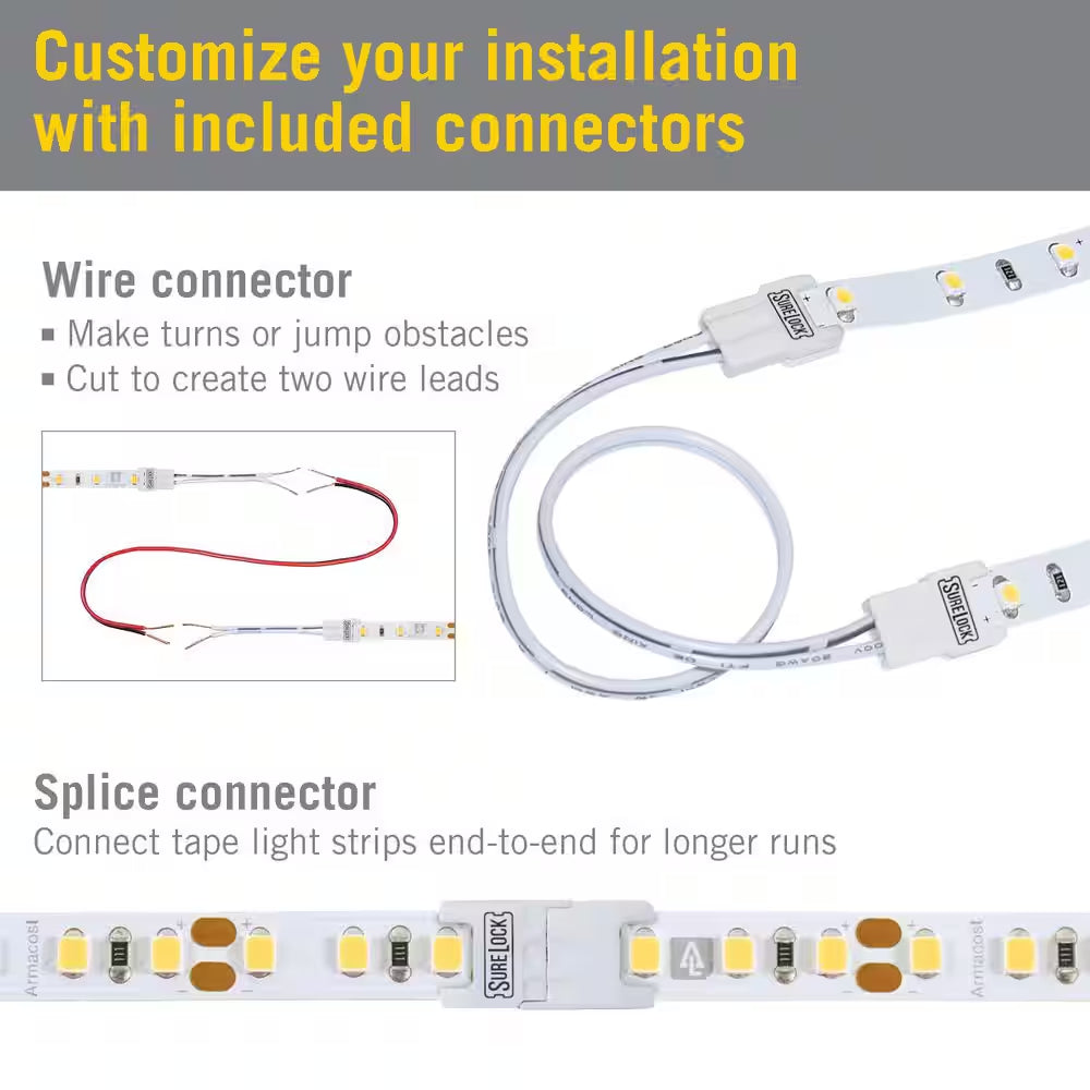Armacost RibbonFlex Pro 24V White Dim-To-Warm LED Strip Light with included wire connector and splice connector for custom LED strip installations.