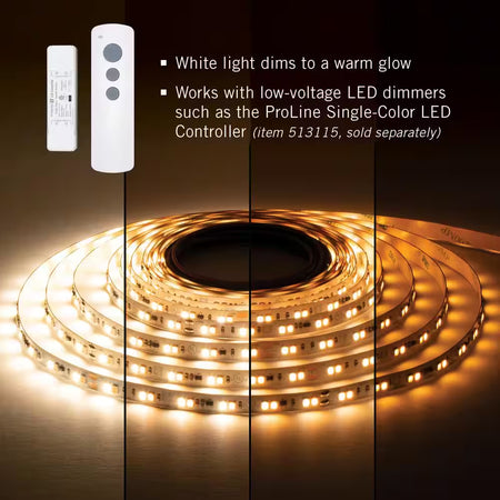 Armacost RibbonFlex Pro 24V White Dim-To-Warm LED Strip Light demonstrating smooth dimming from bright white light to a warm ambient glow.