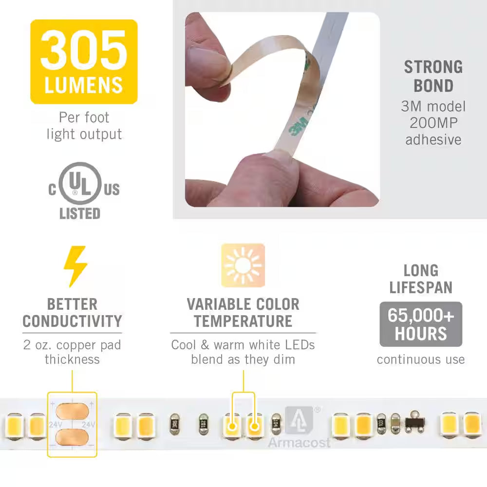 Armacost RibbonFlex Pro 24V White Dim-To-Warm LED Strip Light featuring 305 lumens per foot, strong 3M adhesive backing, variable color temperature, and 65000-hour lifespan.