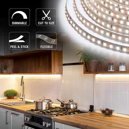 Armacost RibbonFlex Pro 24V White Dim-To-Warm LED Strip Light installed under kitchen cabinets, providing warm dimmable task and accent lighting.