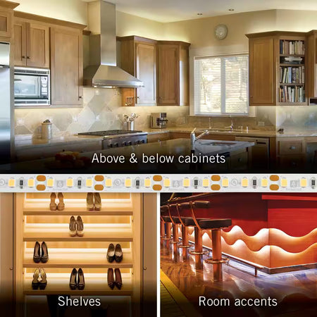 Armacost RibbonFlex Pro White LED Strip Light installed for under-cabinet lighting, illuminated shelving, and decorative room accent lighting.