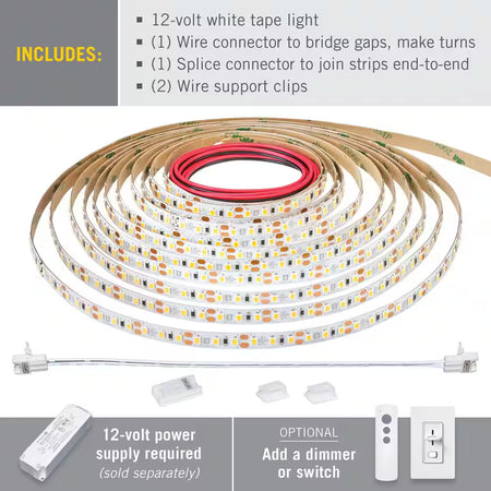 Armacost RibbonFlex Pro White LED Strip Light kit including LED tape light, wire connector, splice connector, and support clips for custom lighting installations.