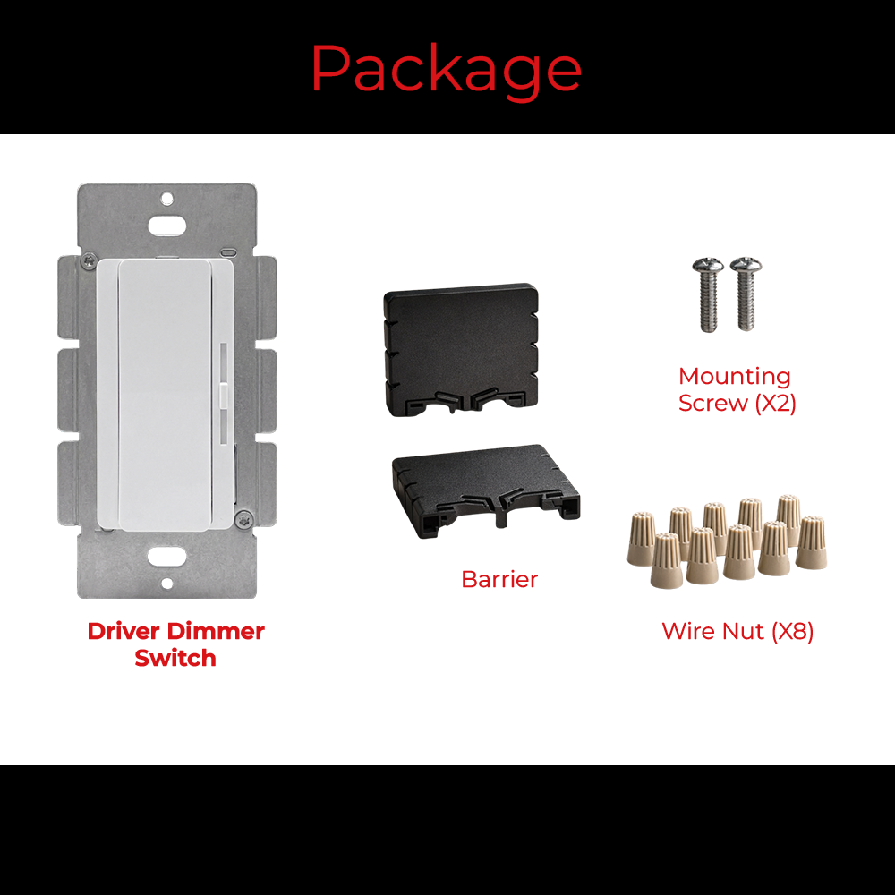 Package contents of EnoDim 12V driver and dimmer wall switch.