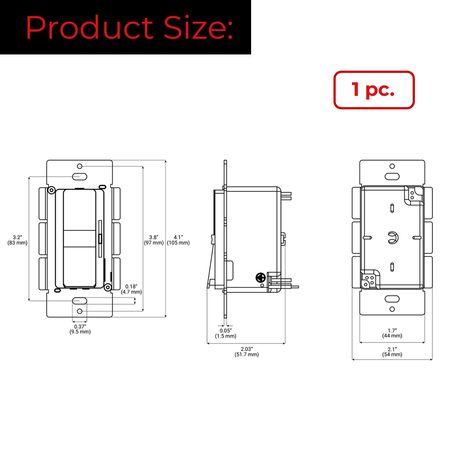 Dimensions of EnoDim 12V driver and dimmer wall switch.