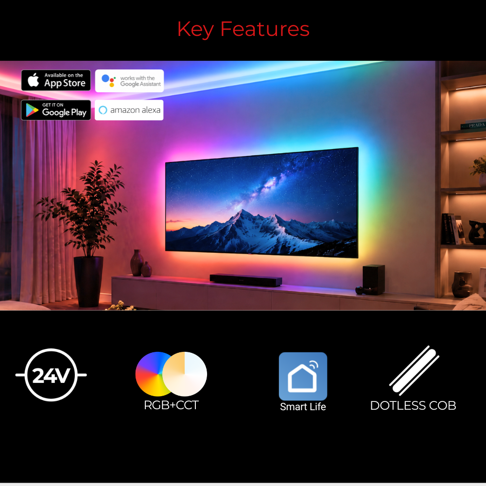 A smart TV mounted on a wall in a living room setting, illuminated by colorful RGB LED lighting strips. The image includes 'Key Features' text and feature icons for 24V, RGB+CCT, Smart Life, and Dotless COB.