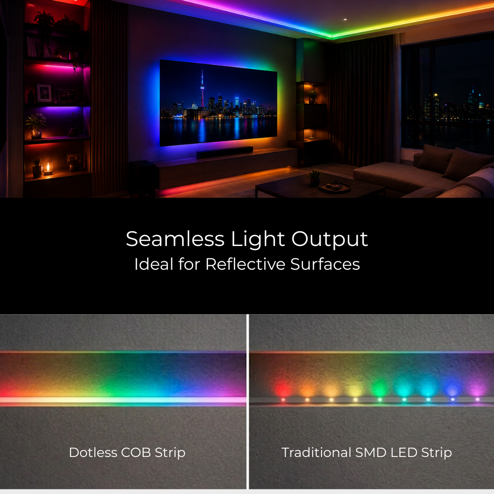 EnoLED RGB CCT LED strip lighting installed in a modern living room with ambient accent lighting