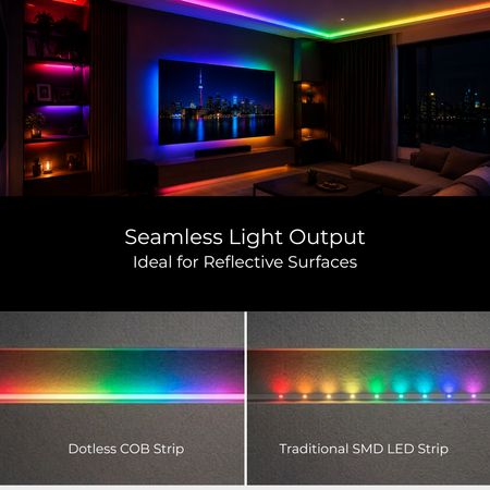 EnoLED RGB CCT LED strip lighting installed in a modern living room with ambient accent lighting