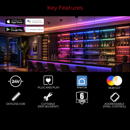 EnoLED RGB CCT LED strip lights installed in a modern home theater with smart app control