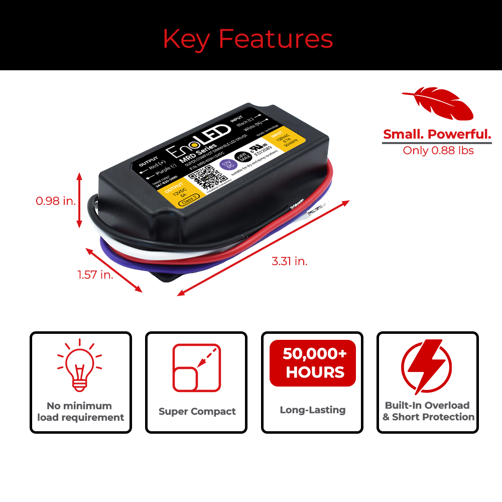 Key features of EnoLED MRD Series phase cut dimmable LED driver.