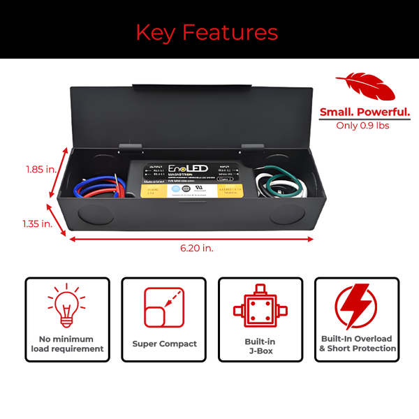 Key features of EnoLED 12V XRD Series phase cut dimmable J-Box LED driver.