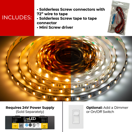 EnoLED 24V CCTPlus Dynamic Tunable White LED Strip Light with power supply and dimmer requirements.
