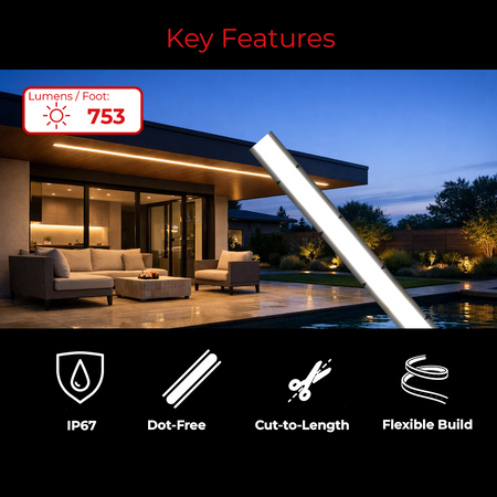 EnoLED 24V Glow67 IP67 dotless high brightness LED strip light for wet location applications.
