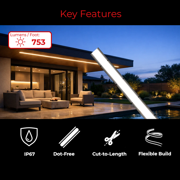 EnoLED 24V Glow67 IP67 dotless high brightness LED strip light for wet location applications.
