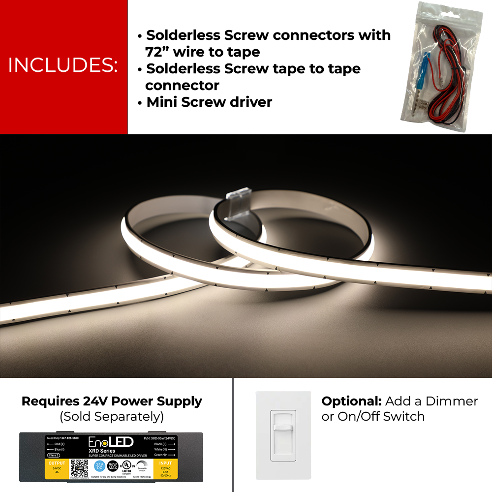 EnoLED 24V Glow67 Series IP67 wet location dot-less high brightness LED strip with included connectors, dimmable driver compatibility, and waterproof LED lighting design